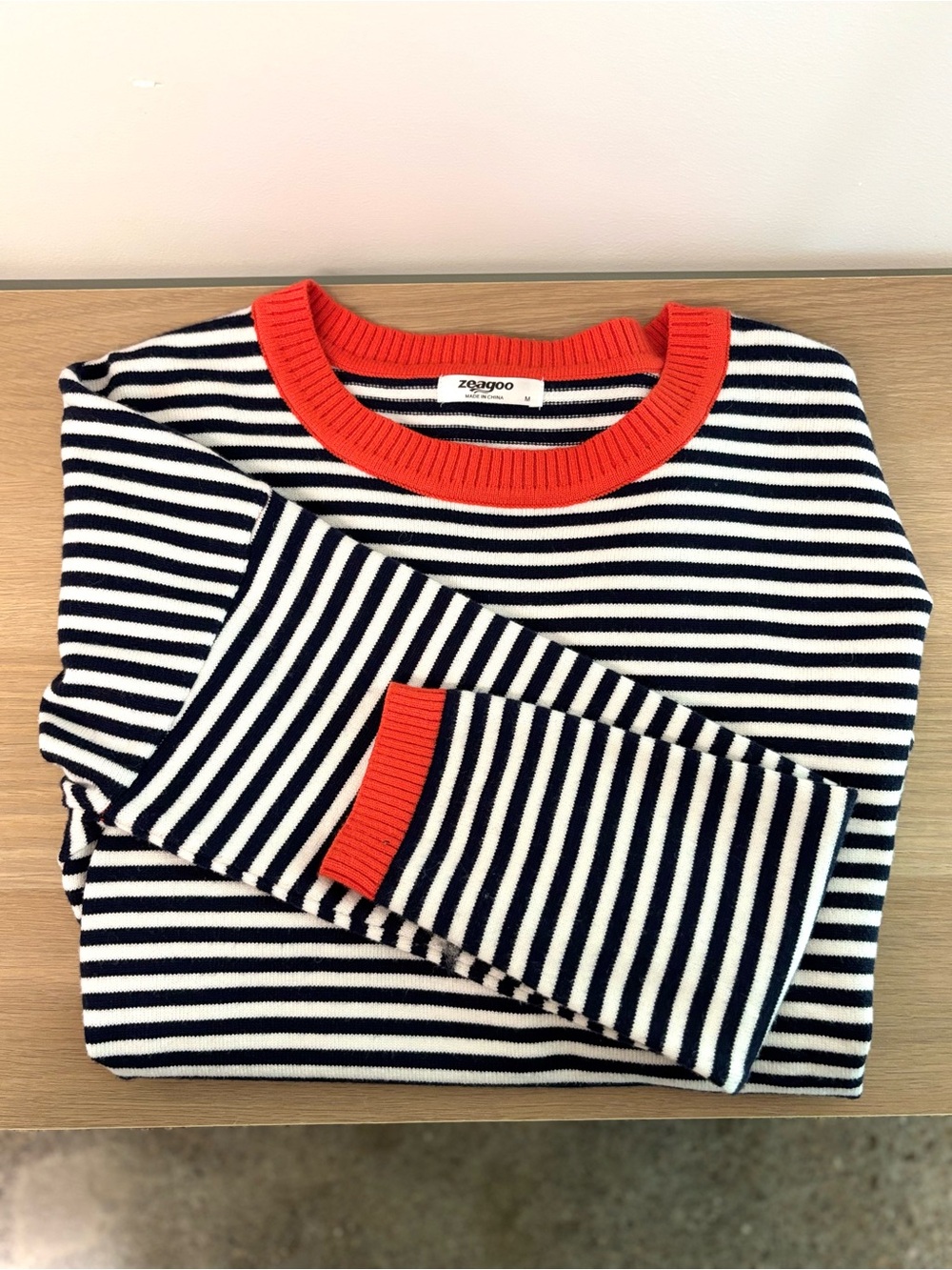 Women’s Zeagoo Navy & White Striped Crewneck sweater with‎ Red Trim